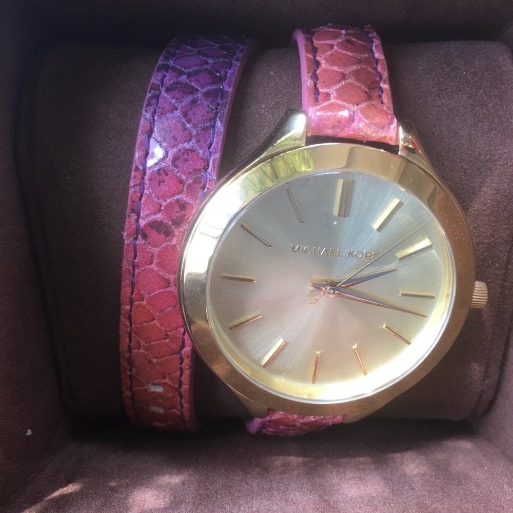 New Vtg michael kors women’s dress watch, slim, double pink/purple leather wrap